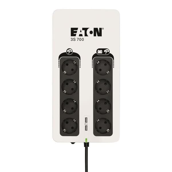 Växelriktare/grenuttag/blixtskydd - EATON 3S 700 DIN - Off-line UPS - 3S700D - 700VA (8 DIN-uttag + 2 USB-laddningsportar) Svart, Vit