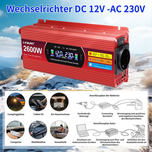 Effektomvandlare, 1500W/2000W/2600W toppkraft, effektiv DC till AC-konvertering,1500W topp svart