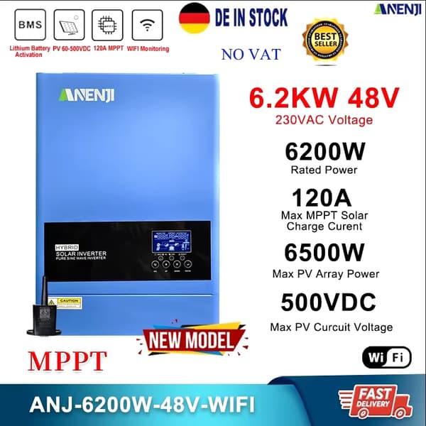Hybrid sol inverter, 6200W nominel effekt, 120A solopladningsstrøm,ANJ-6200W-48V