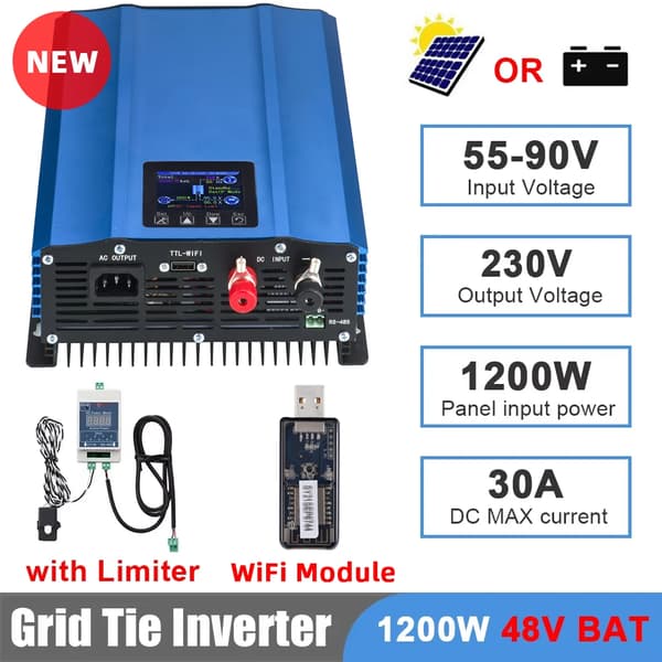 Grid Tie Inverter, 1200W Effekt, 48V Batterikompatibilitet,1200W 48V BAT-WiFi
