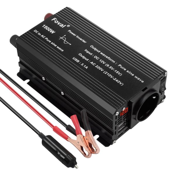 12V till 220V Ren Sinusvåg Växelriktare, 1500W/2600W Spetskraft, USB-utgång, Temperaturstyrd Fläkt,12V 220V 1500W