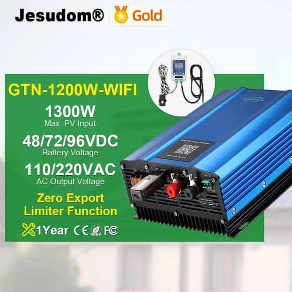 Solcellsnätanslutet växelriktare, 1200W utgångseffekt, ren sinusvågsteknik,PV 55-90V(48V BAT), 1.2KW WIFI Begränsare, 180V-220VAC