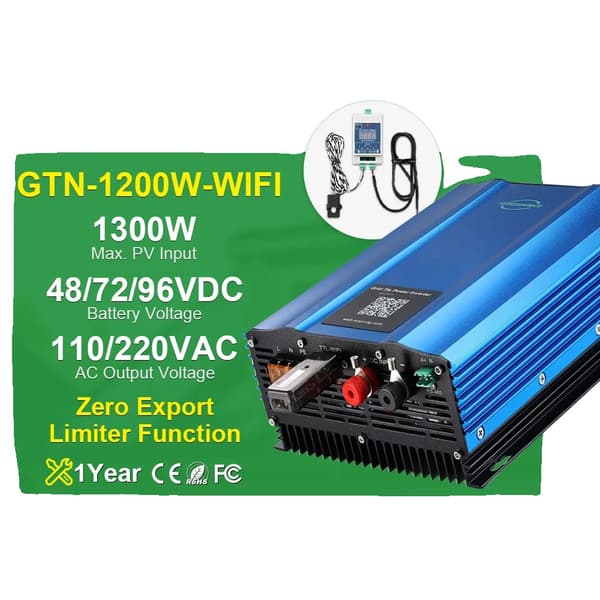 Solcellsnätanslutet växelriktare, 1200W utgångseffekt, ren sinusvågsteknik,PV 55-90V(48V BAT), 1.2KW WIFI Begränsare, 180V-220VAC