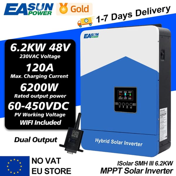 Hybrid Solar Inverter, 2KW - 6.2KW kapasiteetti, jopa 120A latausvirta,SMH III 6.2KW-WIFI