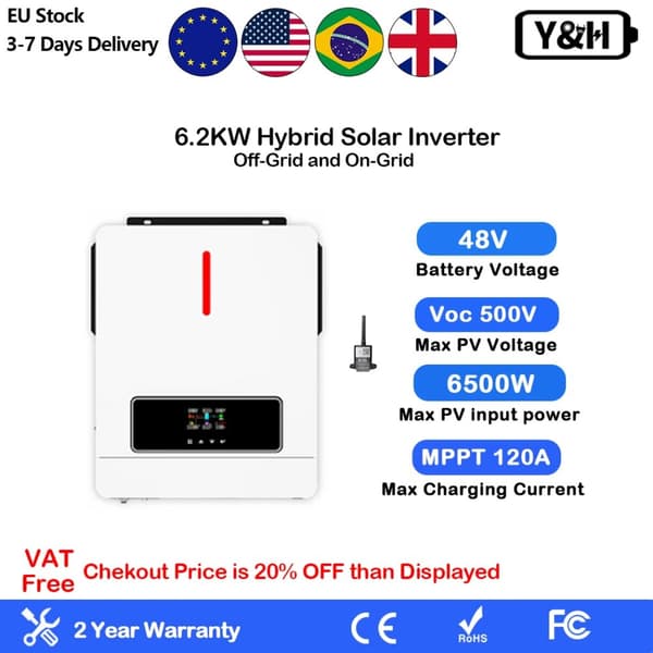 Hybrid Solar Inverter, 4.2KW ja 6.2KW vaihtoehdot, puhdas sinimuotoinen lähtö,6.2KW-48V-Wifi, 220-240V