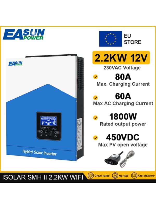 Hybrid sol inverter, 2200W nominell effekt, 60A max laddningsström,2.2kw 12v wifi
