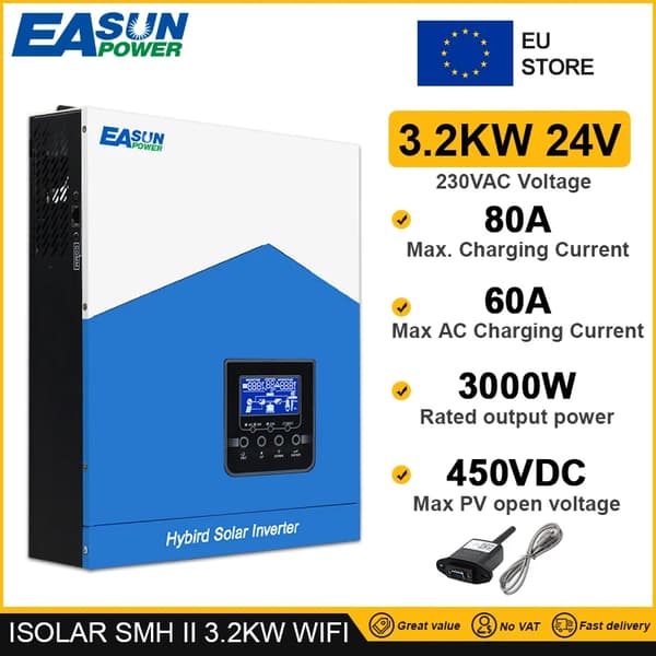 Hybrid sol inverter, 2200W nominel effekt, 60A maks. ladestøm,3.2kw 24v wifi