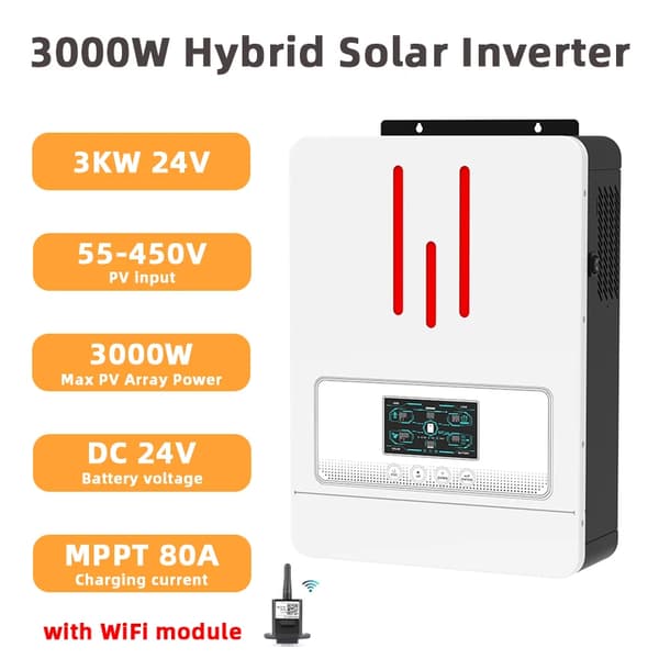 Hybrid Solar Inverter, 3000W Teho, 80A MPPT Lataussäädin,3000W-BMS-WiFi, 220-240V, 24V AKKU