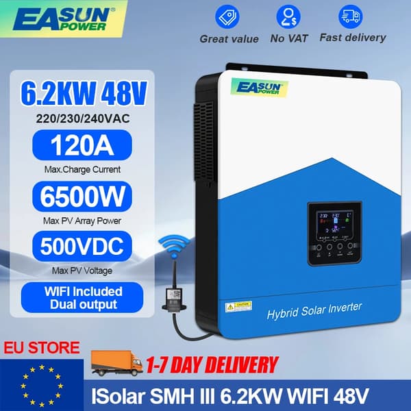 EASUN Hybrid Solarinverter, 6.2KW Effekt, Inbyggt Wi-Fi,6.2KW-48V, 220-240V