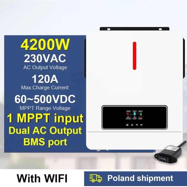 Dual Output Solcelleinverter, 4200W/6200W Effekt, 120A Maks. Opladningsstrøm,4.2KW BMS med wifi, 220-240V