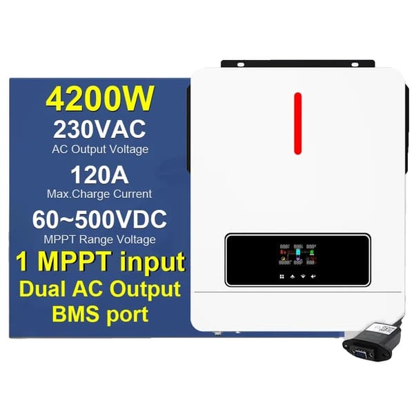 Dual Output Solcelleinverter, 4200W/6200W Effekt, 120A Maks. Opladningsstrøm,4.2KW BMS med wifi, 220-240V