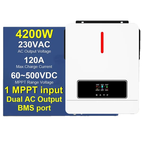 Dual Output Solcelleinverter, 4200W/6200W Effekt, 120A Maks. Opladningsstrøm,4.2KW BMS ingen wifi, 220-240V