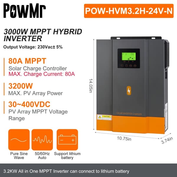 Hybrid Solcelle Inverter 3200W, MPPT 80A, Ren Sinus Bølge Output, 24V System,220-240V, 3KW 24V-WIFI
