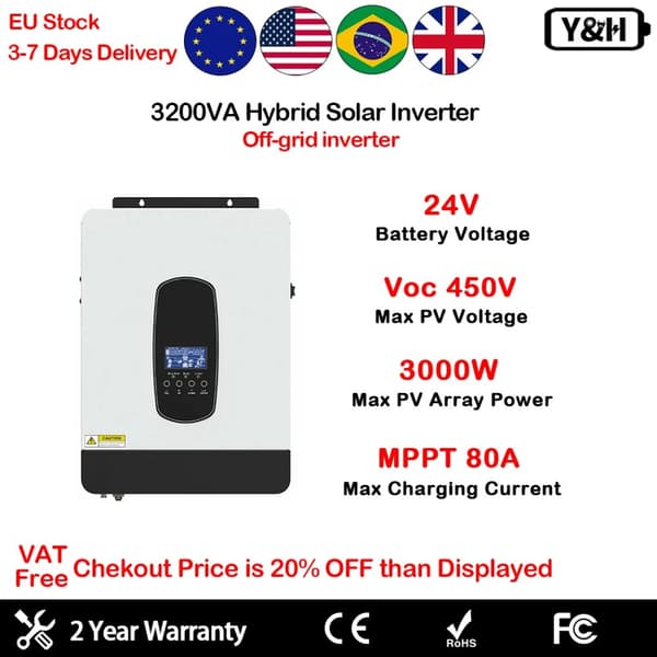 Y&H Hybrid Sol inverter, 4,2KW og 6,2KW output, ren sinuskurve, 120A MPPT oplader,SP-3200VA-24VBAT, 220-240V