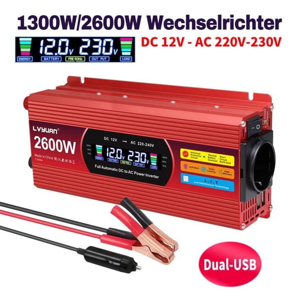 Effektomvandlare, 1500W/2000W/2600W toppkraft, effektiv DC till AC-konvertering,2600W topp röd