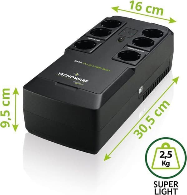 Tecnoware ERA PLUS STRIP 800 UPS - 6 Schuko-utgångar - Autonomi upp till 20 min/PC eller 60 min/modemrouter - Effekt 800 VA