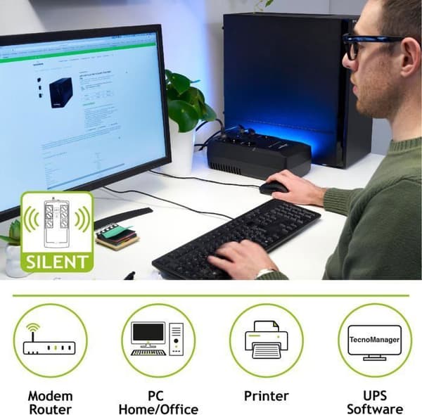 Tecnoware ERA PLUS STRIP 800 UPS - 6 Schuko-utgångar - Autonomi upp till 20 min/PC eller 60 min/modemrouter - Effekt 800 VA