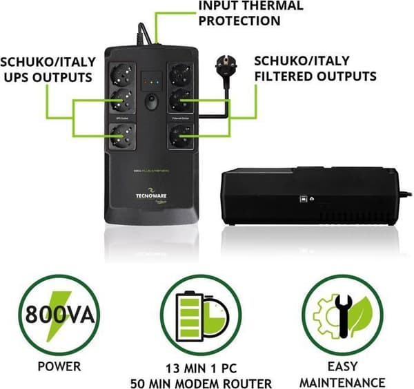 Tecnoware ERA PLUS STRIP 800 UPS - 6 Schuko-utgångar - Autonomi upp till 20 min/PC eller 60 min/modemrouter - Effekt 800 VA
