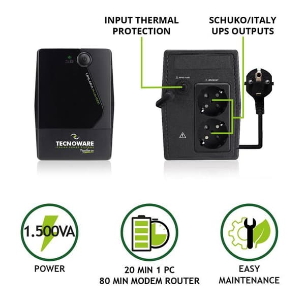 Tecnoware UPS ERA PLUS 1500, 1500VA UPS, Skydd mot strömavbrott för PC, Modem, Videoövervakning