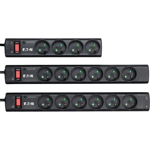 Eldosa/Överspänningsskydd - EATON Protection Strip 6 Tel FR - PS6TF - 6 franska uttag + 1 RJ telefonuttag - Svart