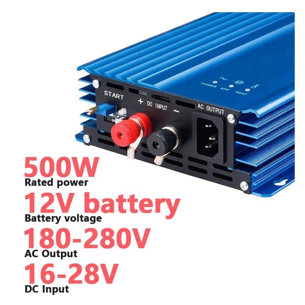 Verkkoon Liitettävä Invertteri, 500W Teho, Tukee 12V/24V Akkuja,500W-12V BAT-220V
