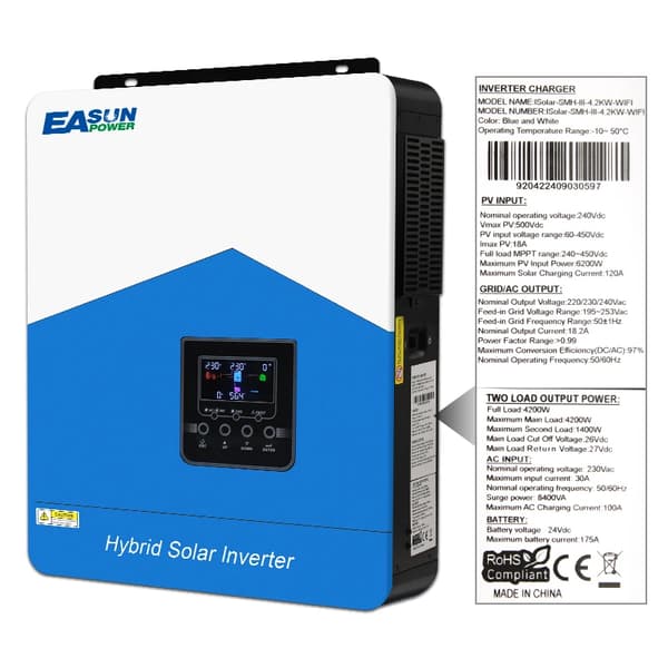 Hybrid Solar Inverter, 6.2 kW Nimellisteho, 48V Akun Jännite,SMH-III-4.2KW WiFi, 220-240V