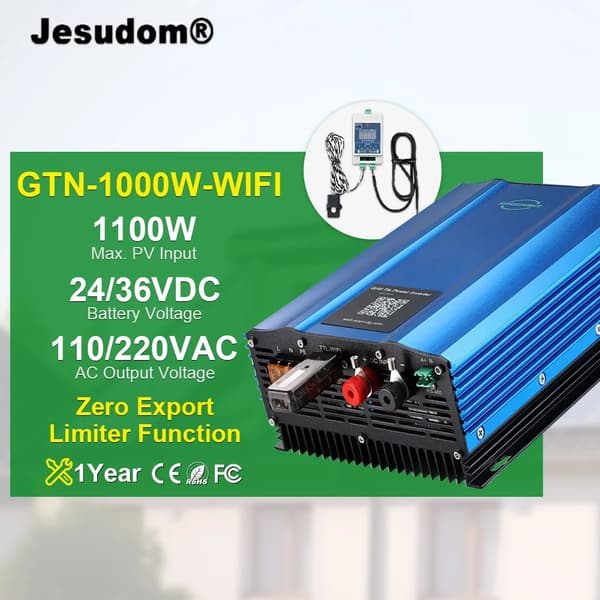 Grid Tie Inverter, 1100W Max PV Indgang, Zero Output Limiter Funktion,PV40-60V(36V BAT), 190-260V, WIFI 1000W begrænser