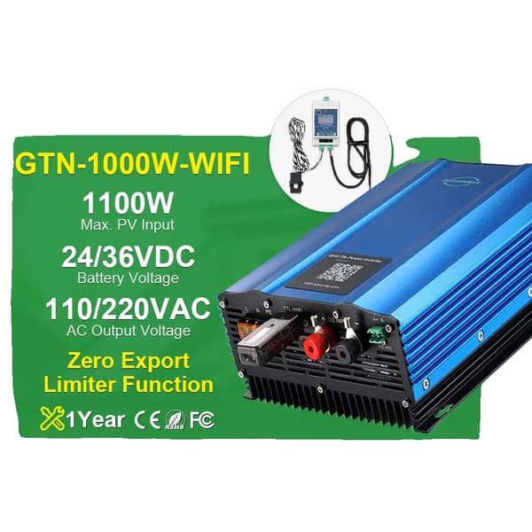 Grid Tie Inverter, 1100W Max PV Indgang, Zero Output Limiter Funktion,PV40-60V(36V BAT), 190-260V, WIFI 1000W begrænser