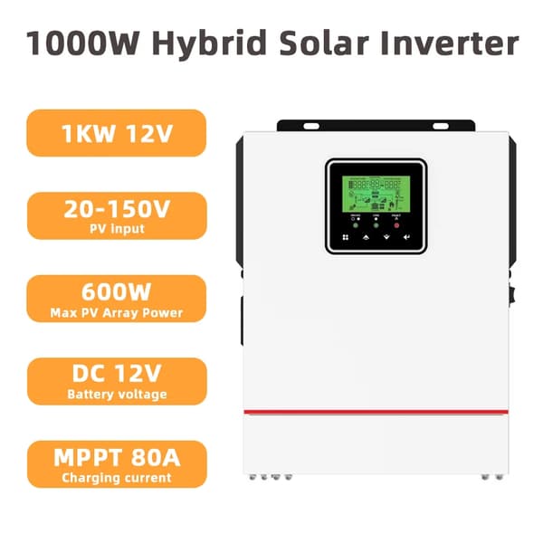 Hybrid sol inverter, 12V DC til 220V AC, MPPT laderegulator 80A,1000W, 12V BAT, AC 220-240V