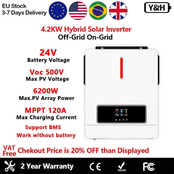 Y&H Hybrid Aurinkosinvertteri, 4.2KW ja 6.2KW Teho, Puhtaan Sinimuotoisen Aallon, 120A MPPT Latauslaite,220-240V, ECO-4200W-24VBAT