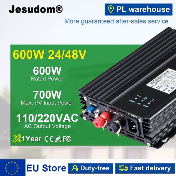 MPPT Mikroverkkoon Liitettävä Invertteri, 600W Nimellisteho, Puhtaan Sinusaaltaisen Aallon Ulostulo,PV55-90V(48V AKKU), 600W, 220-240Vac