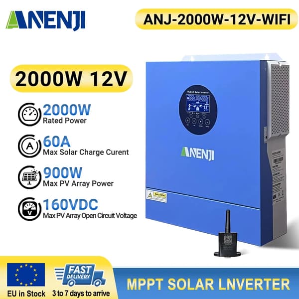 2000W Aurinkosuuntaaja, MPPT 60A, Puhtaan Sinimuotoisen Aallon,ANJ-2000W-12V-WIFI