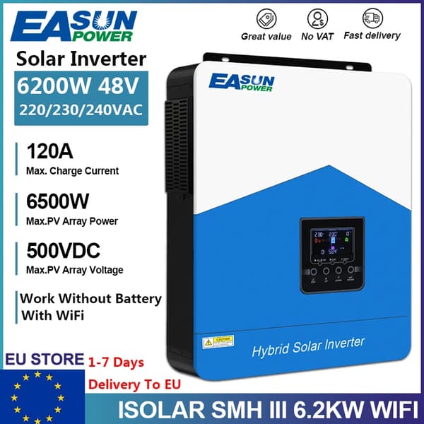 Hybrid sol inverter, 6500W maks. PV-effekt, 120A ladestøm,SMH III 6.2KW 48V WIFI