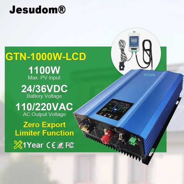Grid Tie Inverter, 1100W Max PV Indgang, Zero Output Limiter Funktion,PV26-45V(24V BAT), 190-260V, LCD 1000W begrænser
