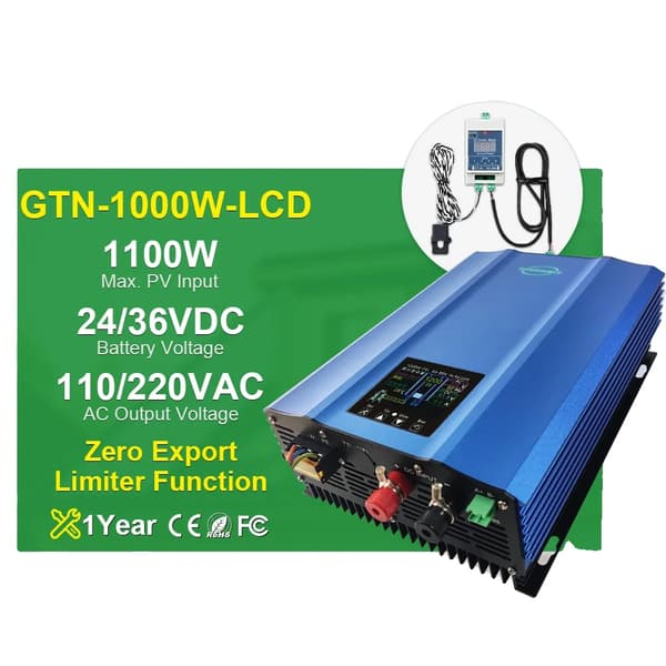 Grid Tie Inverter, 1100W Max PV Indgang, Zero Output Limiter Funktion,PV26-45V(24V BAT), 190-260V, LCD 1000W begrænser