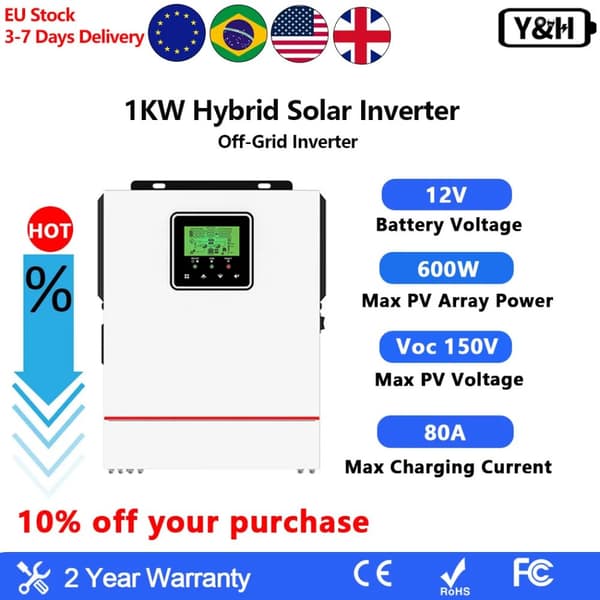 Hybrid sol inverter, 1000W ren sinuskurve, 80A MPPT opladning,220-240V, 1000W-12VBAT