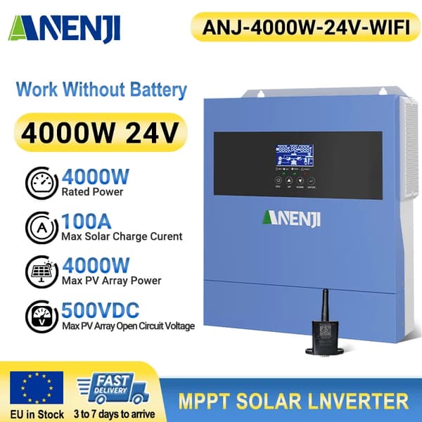 Aurinkohybridimuunnin, 4000W Teho, 100A Maksimaalinen Aurinkolatausvirta,ANJ-4000W-24V-WIFI