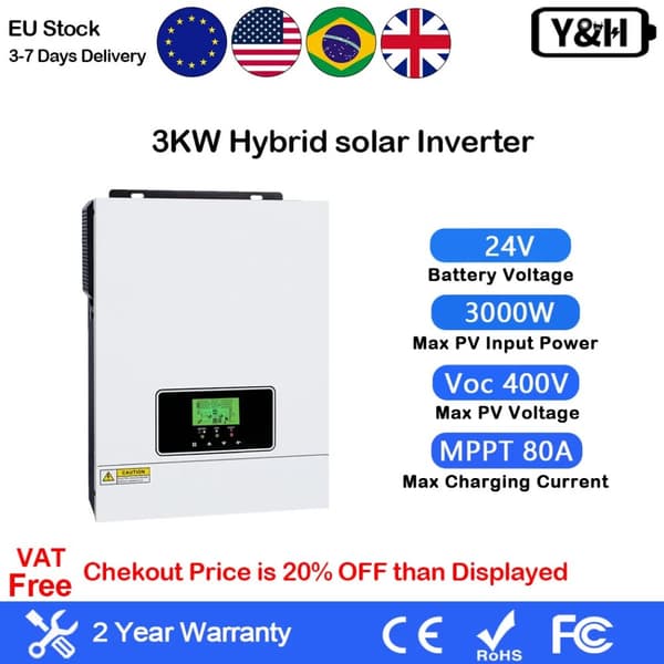 Hybrid Solar Inverter, 1600W Teho, 80A MPPT Lataus,220-240V, 3000W-24VBAT