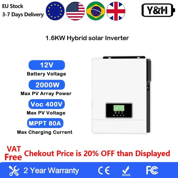 Hybrid Solar Inverter, 1600W Teho, 80A MPPT Lataus,1600W-12VBAT, 220-240V