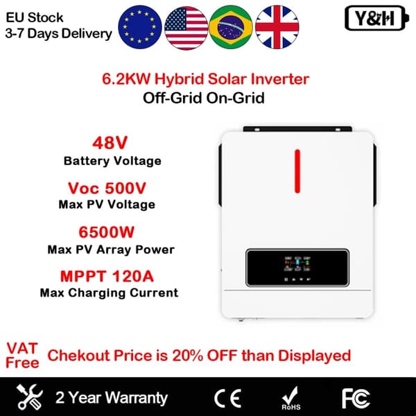 Hybrid Solar Inverter, 6.2 kW Teho, 48V Akun Jännite, 120A Maksimi Latausvirta,220-240V, 6200W-48VBAT