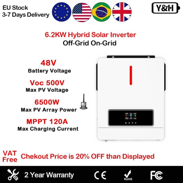Hybrid sol inverter, 6,2 kW output, 48V batterispænding, 120A maks. ladestøm,220-240V, 6200W-48VBAT-Wifi