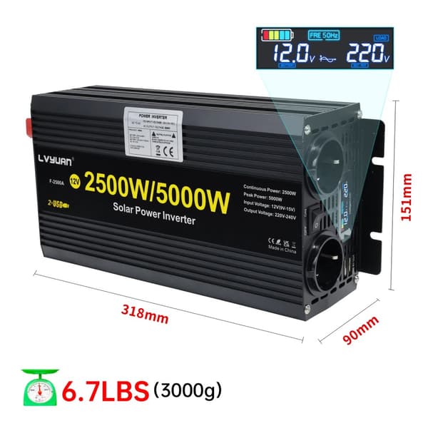 Solenergiomvandlare, 2500W kontinuerlig effekt, 5000W topputgång,5000W-12V-220V-50hz
