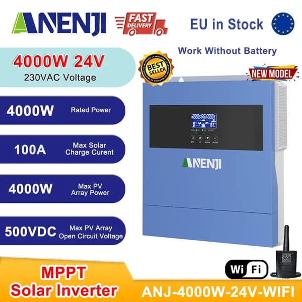 Hybrid sol inverter, 4000W nominell effekt, WiFi fjärrövervakning,ANJ-4000W-24V-WIFI, 220-240V