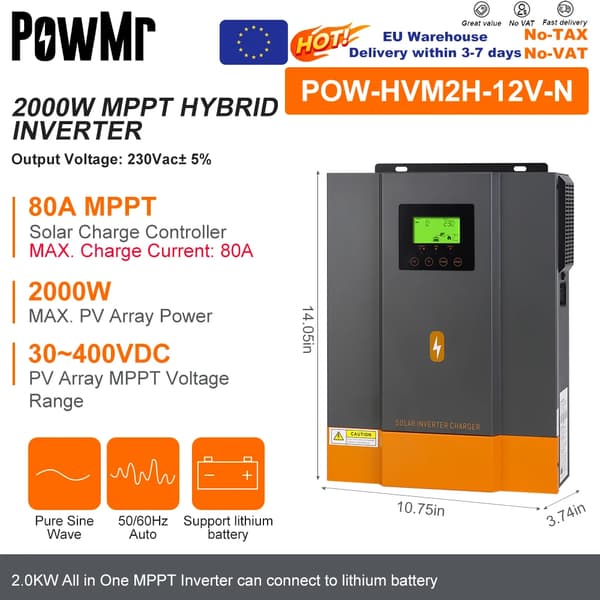 Hybrid Solar Inverter, 2KVA Teho, 80A MPPT Lataussäädin,WiFillä, 220-240V, 2KVA 12V