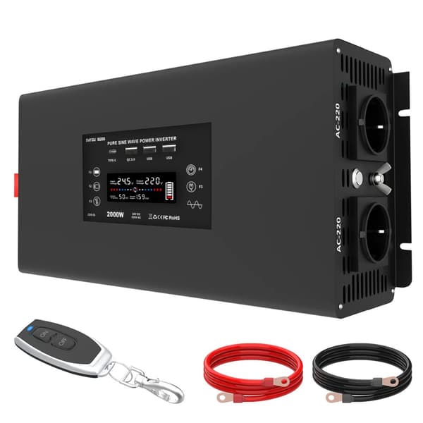 Puhdas sinimuotoinen invertteri, 2000W jatkuva teho, LCD-näyttö, useita lähtöliitäntöjä,DC 24V - 220 V EU