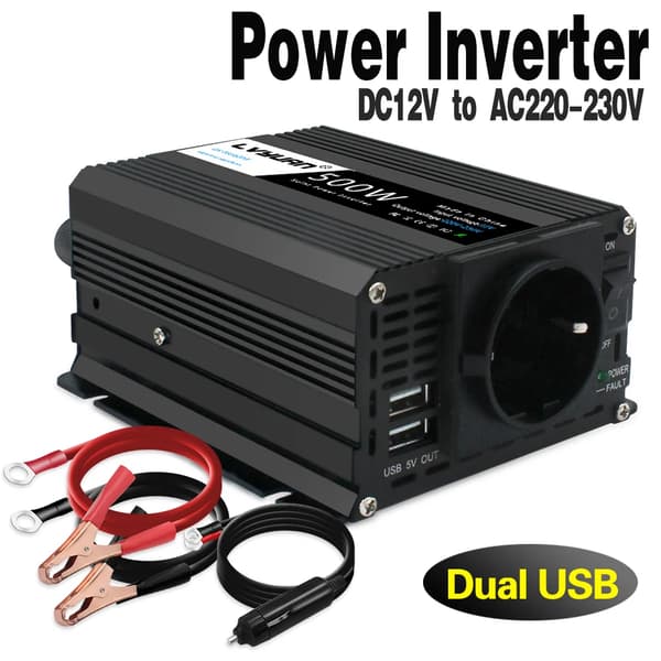 Bilstrømomformer, 350W kontinuerlig effekt, dual USB-udgange,500W-12v-220v