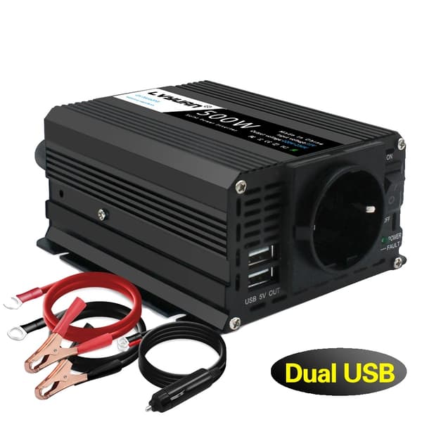 Auton virtamuunnin, 350W jatkuva teho, kaksois-USB-ulostulot,500W-12V-220V