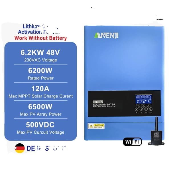 Hybrid sol inverter, 6200W udgangseffekt, WiFi-aktiveret, ren sinuskurve,ANJ-6200W 48V Wifi, 48v, 220-240V