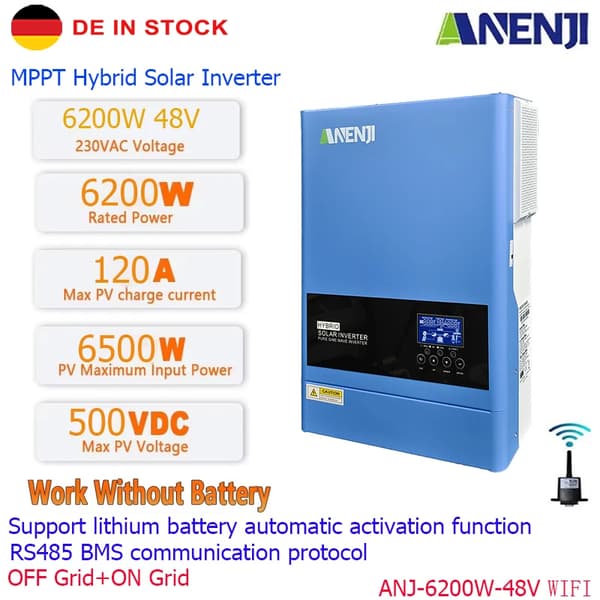 Hybrid Solar Inverter, 6200W Teho, 120A Maksimivirta,ANJ-6200W-48V