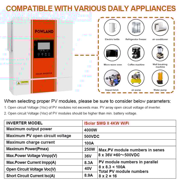 Hybrid sol inverter, 4000W MPPT, 24V ren sinuskurve,ISolar-SMG-II-4KW-WiFi